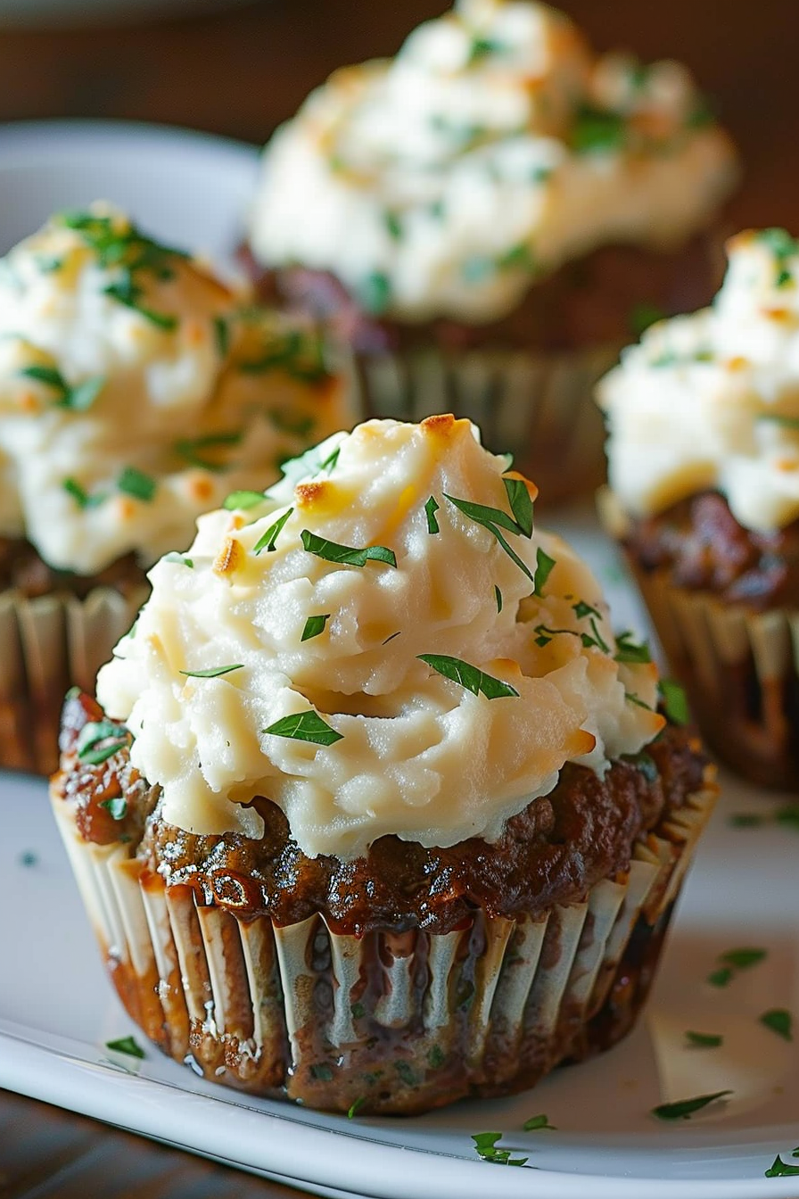 Close-up of meatloaf cupcakes with whipped potato topping