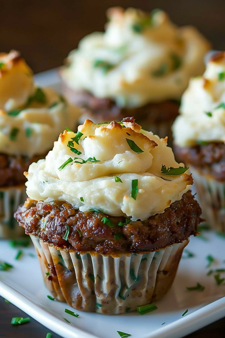 Serving of meatloaf cupcakes with potato topping and cheese