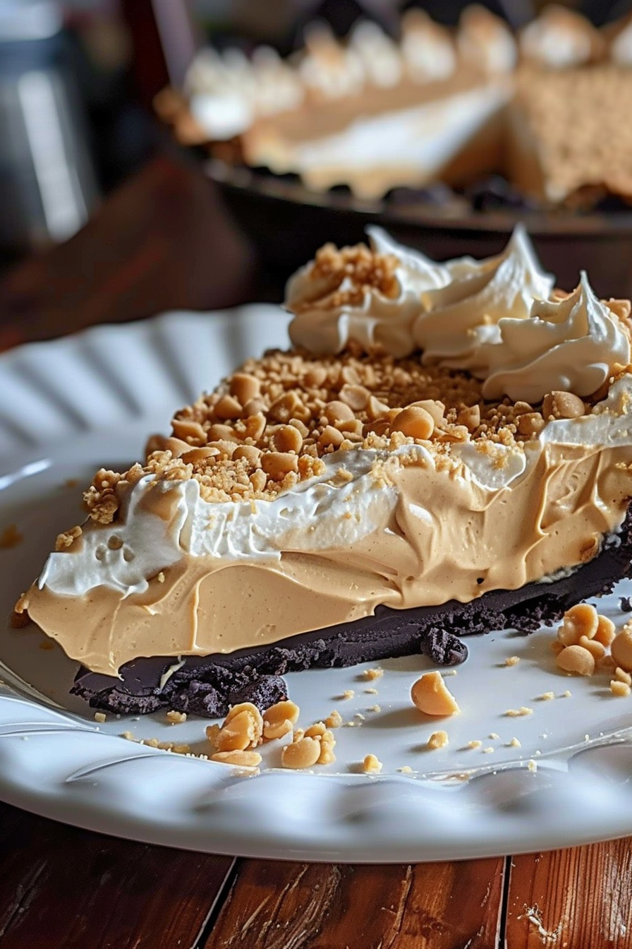 Slice of peanut butter cream pie with whipped cream topping