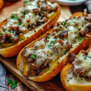 Freshly baked Philly Cheesesteak Garlic Bread on a cutting board