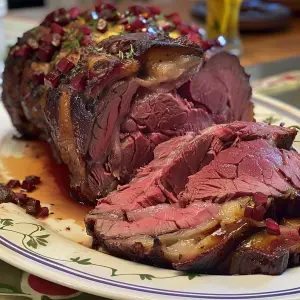 Succulent slices of Poor Man's Prime Rib on a serving platter