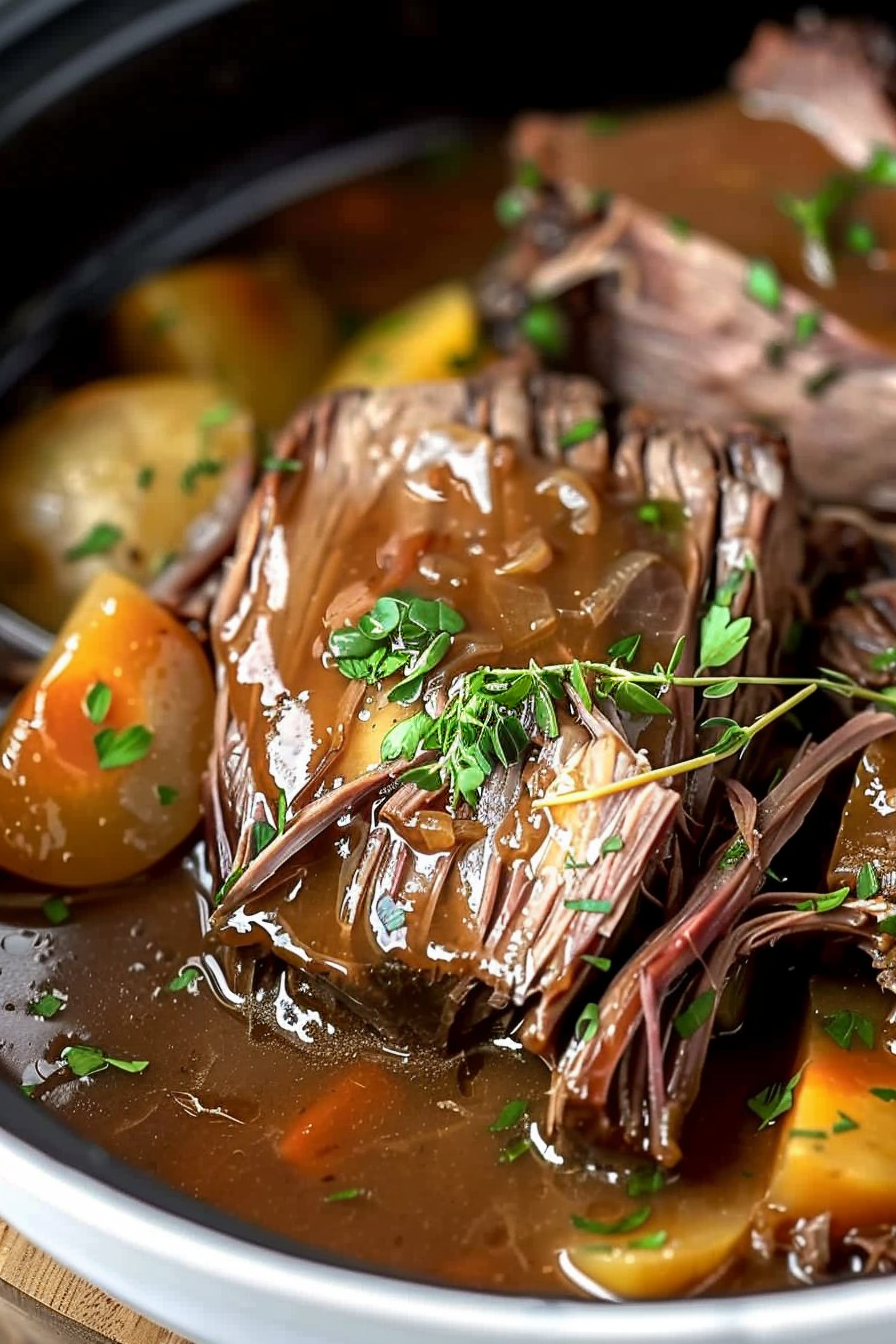Tender chuck roast with carrots and potatoes in a slow cooker
