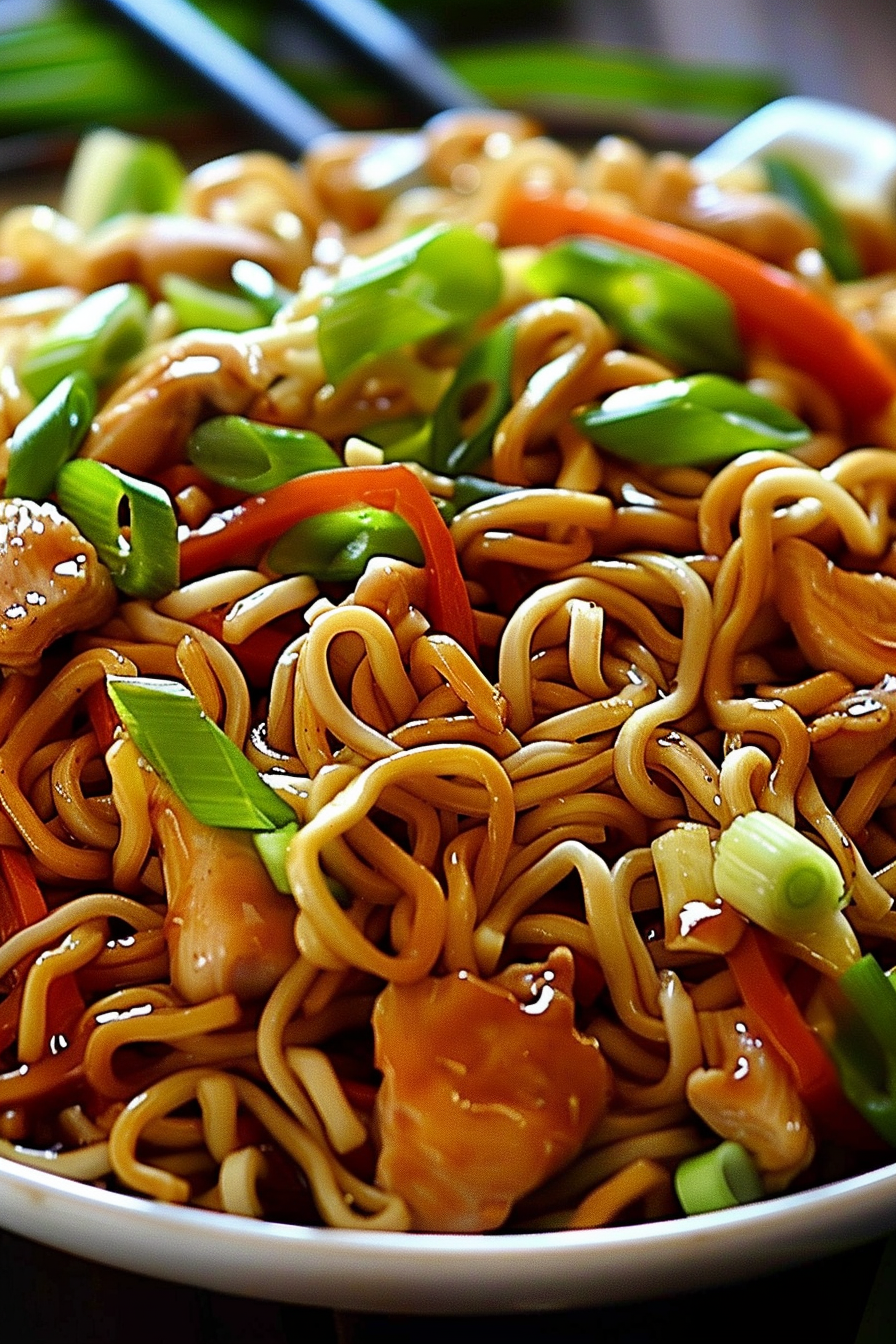 Serving of Chicken Chow Mein garnished with green onions
